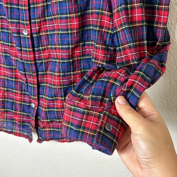 J. McLaughlin Crinkle Button Down Long Sleeve Shirt Size M Plaid Red Blue - Picture 5 of 8